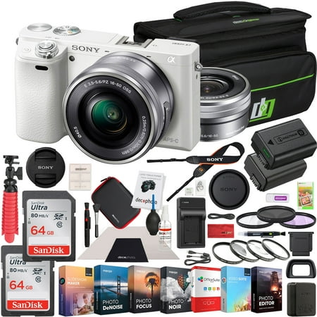 Sony Alpha a6000 Mirrorless Digital Camera 24.3MP SLR (White) with 16-50mm Lens ILCE-6000L/W 128GB Memory Deco Gear Case Filter Kit Charger & Extra Battery Power Editing