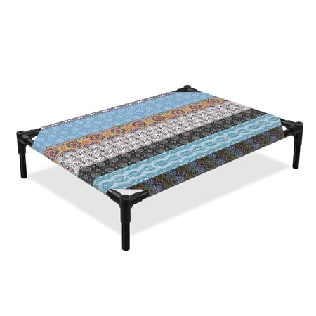Boho Elevated Dog Bed Black Orange Black Blue Geometric Abstract Art Cooling Breathable Outdoor Raised Dog Cot Bed with Metal Frame Non-Slip Feet for Medium Dog 24x20in