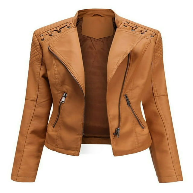Veste Femme en Similicuir Automne à Col à Revers Zippée Style Moto Biker Courte avec Poches