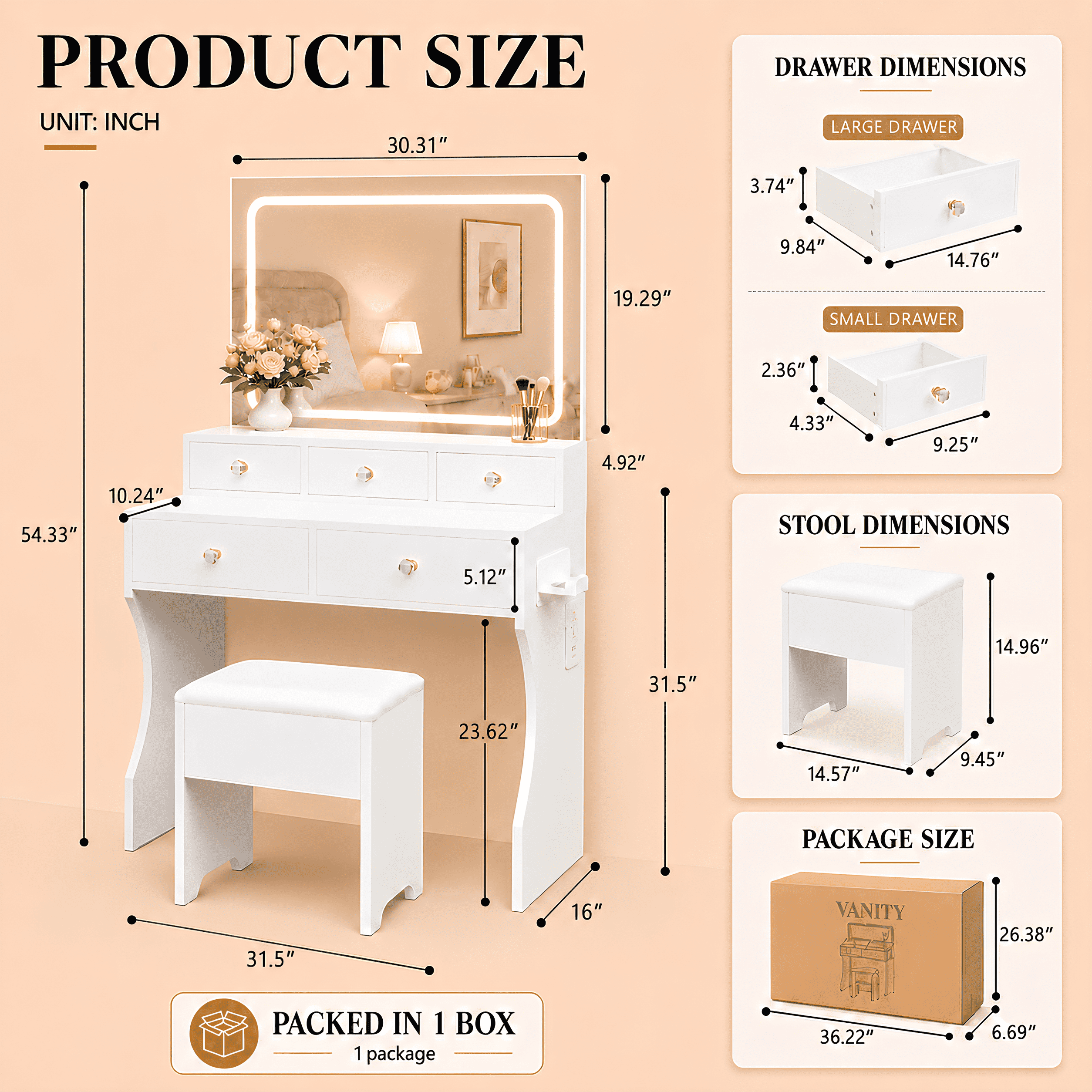 CLOUDREST PRO White Vanity Desk Set with Mirror, Makeup Vanity with LED Lights & 3 Color Modes, Adjustable Brightness, Built-in Power Strip, 5 Drawers, Dressing Table for Women Girls