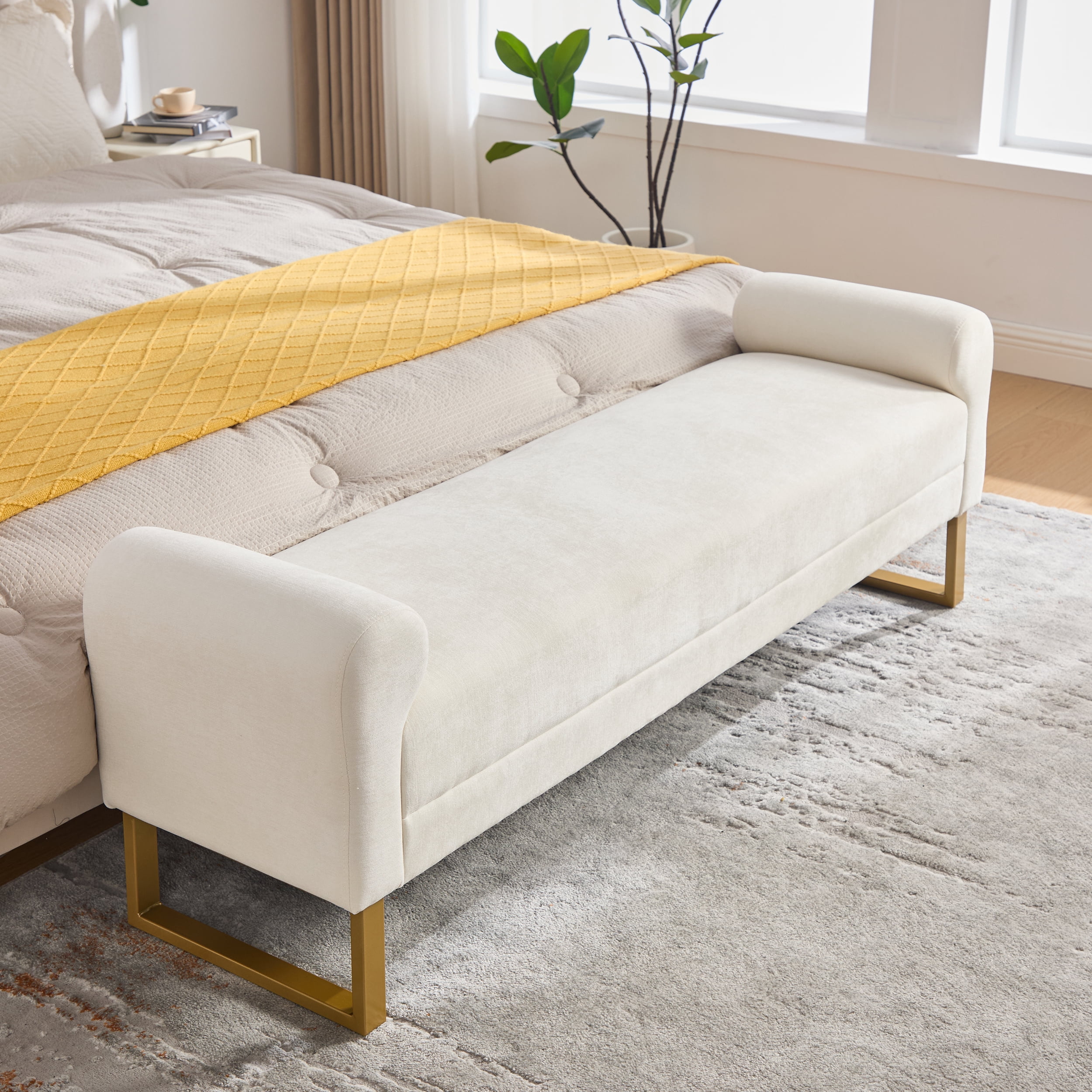 65" Ottoman Bench, Chenille Bench for Bedroom, End of Bed Bench Upholstered and Gold Legs, Bedroom Benches with Arms for Living Room Window and Entryway