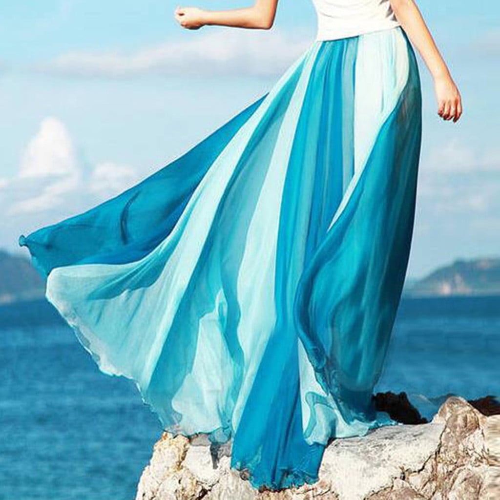 qolati Women Flowy Beach Maxi Skirt Elegant Color Block Smocked Swing ...