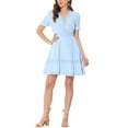 thumbnail image 2 of INSPIRE CHIC Robe d'Été pour Femme Col en V Manches Bouffantes Taille Smockée Robe Courte Décontractée L Bleu Pâle, 2 of 6