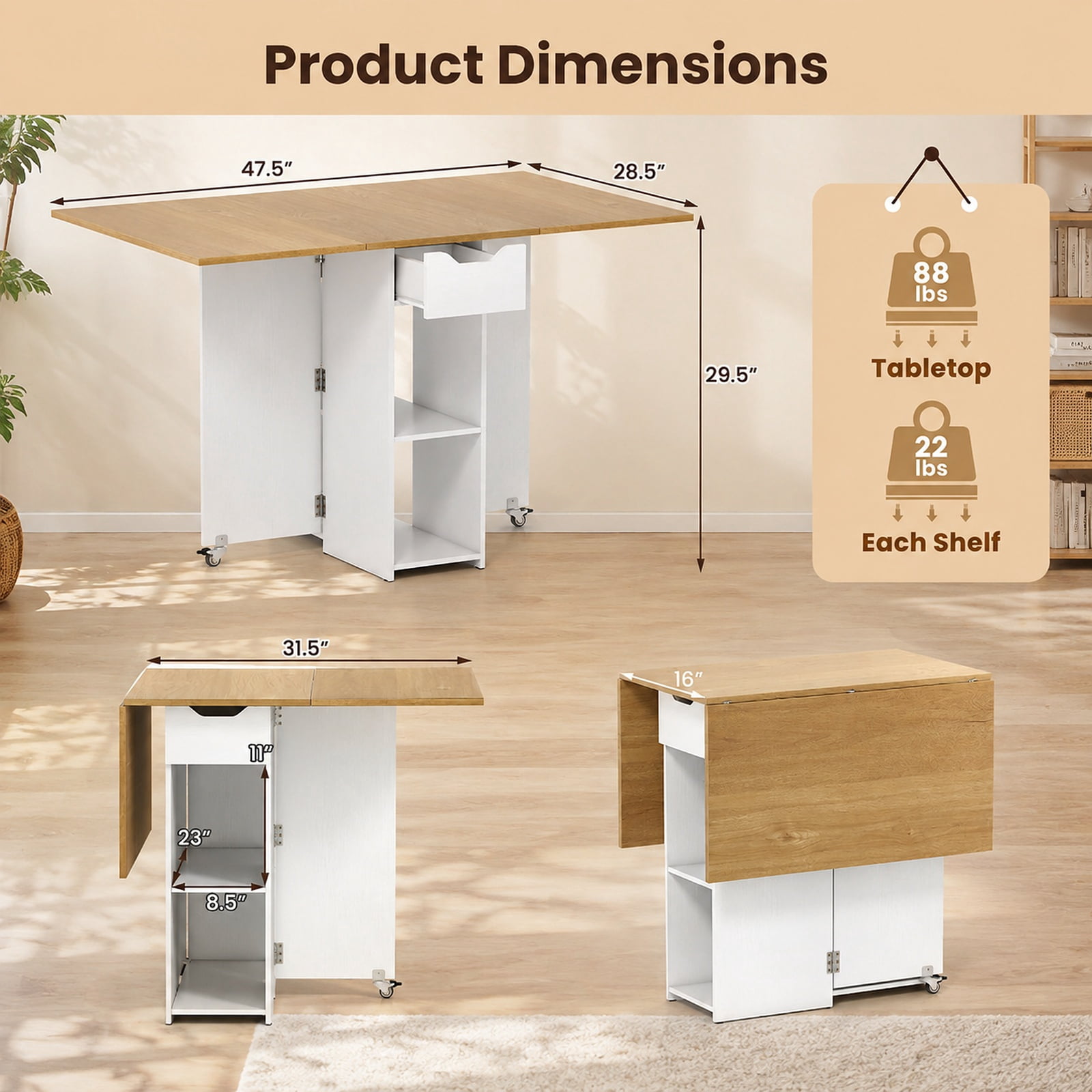 Furnibear 47.5 Inch Farmhouse Extendable Drop Leaf Dining Table with Drawer Shelves and Lockable Wheels for Small Kitchens, Natural