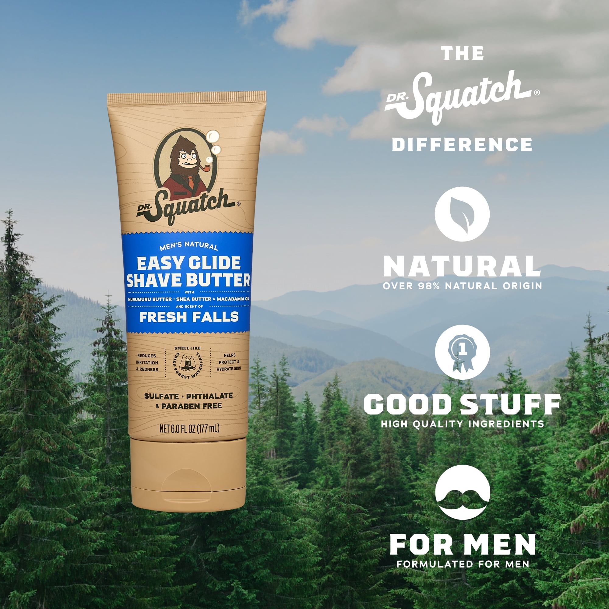 Dr. Squatch Mens Moisturizing Shave Butter, Easy Glide Natural Thick & Creamy Shaving Butter for Men, Fresh Falls, 6 fl Oz