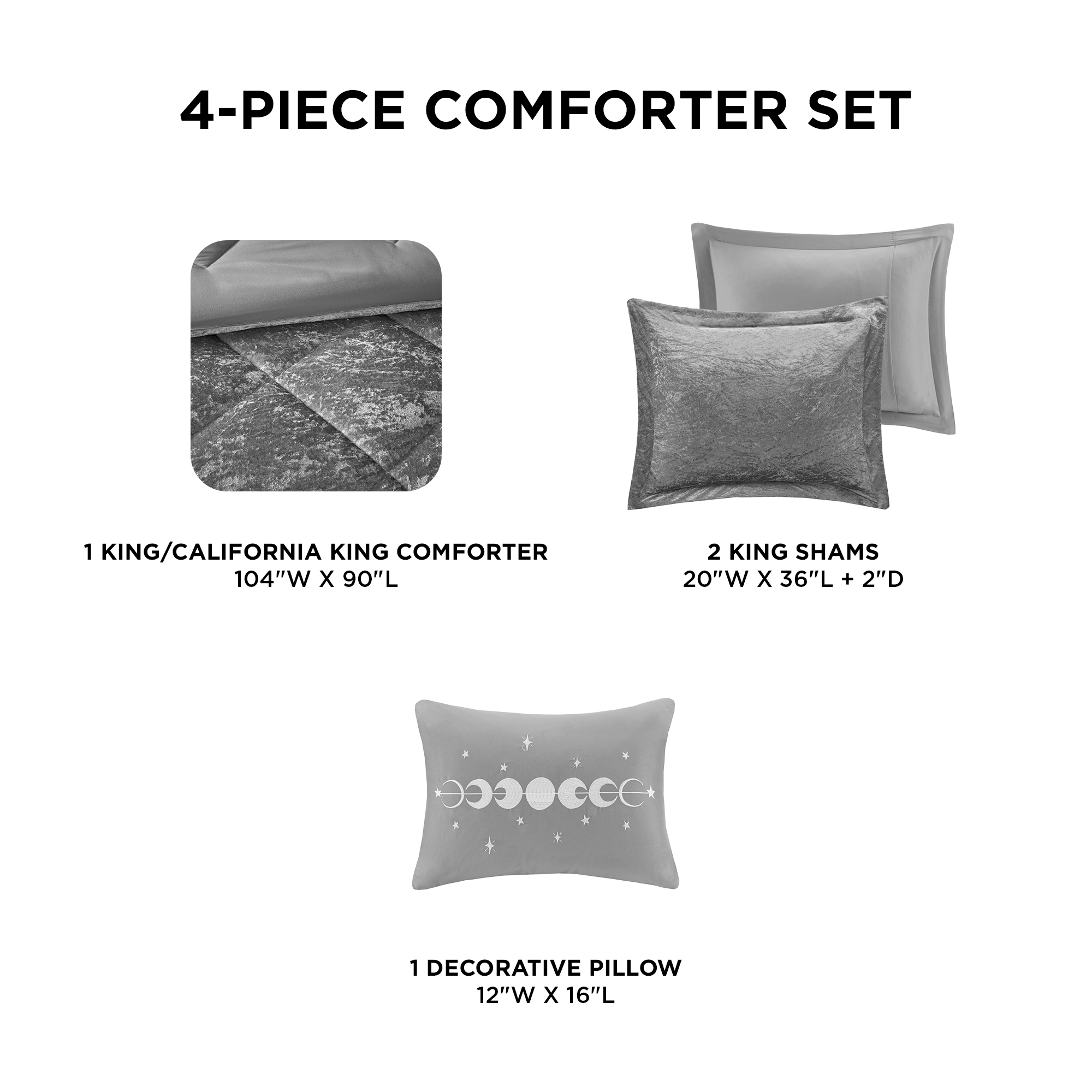 Regency Heights King/Cal King Size Comforter Sets, Velvet Bedding Comforter Set for All Seasons, Grey Bedding Set with Decor Pillow, 4-Piece