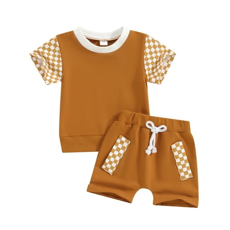 

Fullvigor Toddler Boys Summer Outfits Checkerboard Print T Shirt Tops Elastic Waist Shorts Yellow 18-24 Months
