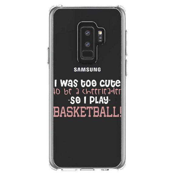 DistinctInk Clear Shockproof Hybrid Case for Samsung Galaxy S9  PLUS (6.2" Screen) - TPU Bumper Acrylic Back Tempered Glass Screen Protector - Too Cute to Be a Cheerleader Play Basketball