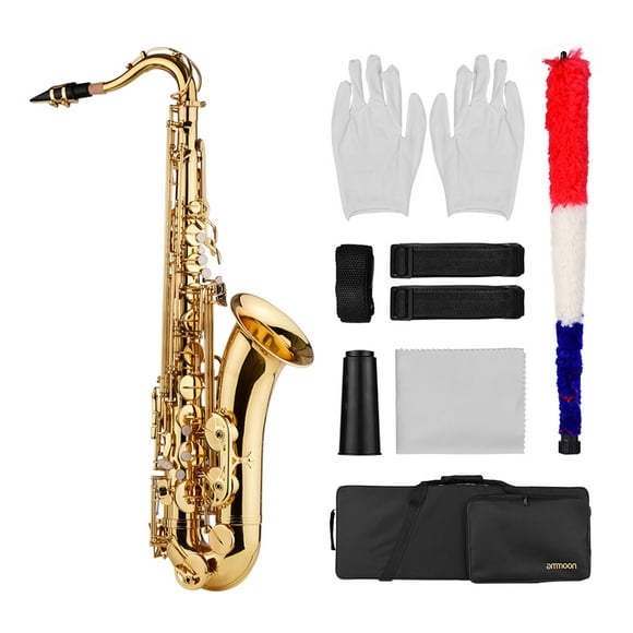 ammoon Bb Tenor Saxophone Sax Brass Body Gold Lacquered Surface Woodwind Instrument with Carry Case Gloves Cleaning Cloth Brush Sax Neck Straps