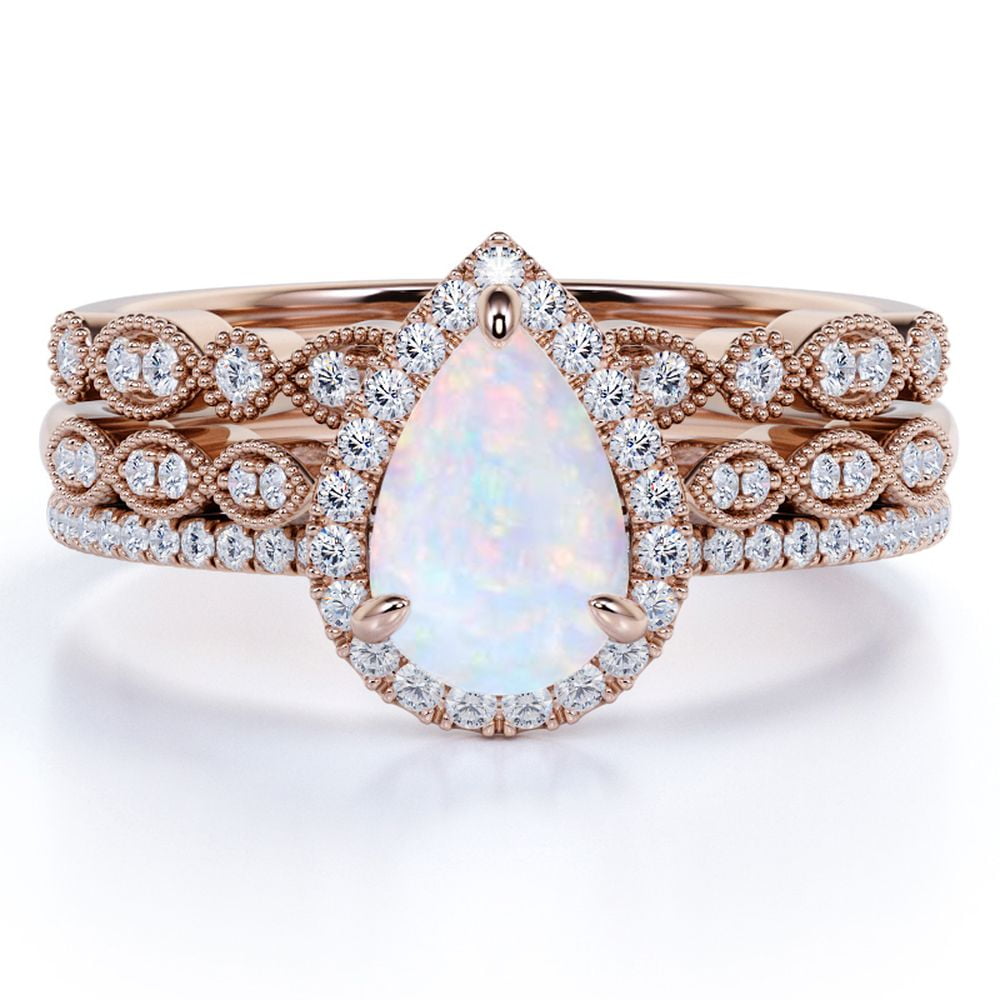 JeenMata Vintage 1.75 Carat Pear Shaped Opal and Moissanite Trio Wedding Ring Set in 18K Rose Gold over Silver