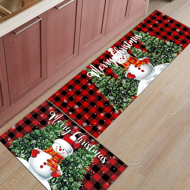 Christmas Washable Kitchen Rugs Cushioned Floor Mat, Snowman Trees, Waterproof Non-Slip Kitchen Rugs and Mats, Anti Fatigue Comfort Standing Mat Runner for Kitchen/Sink/Laundry, Red Plaid