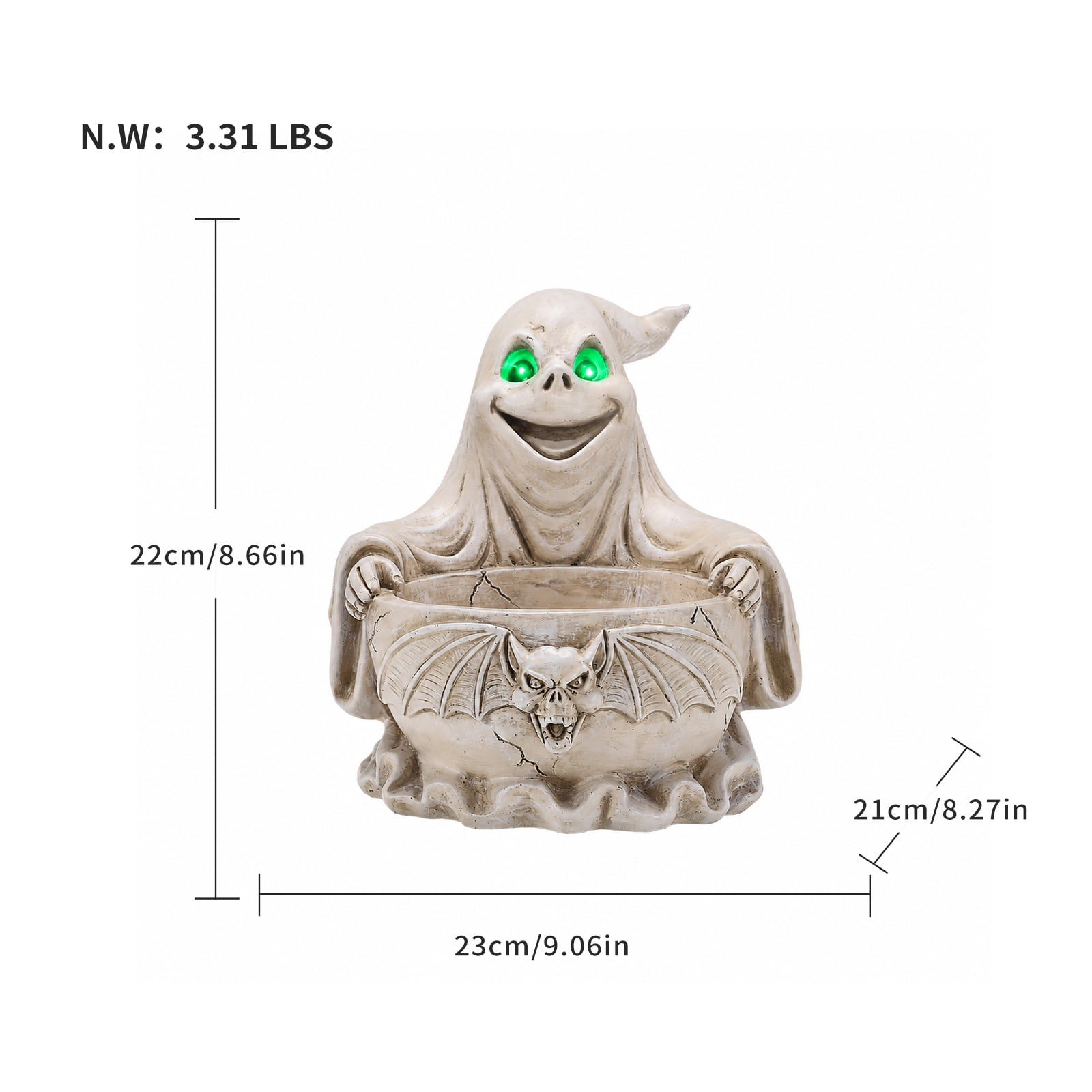 Halloween Ghost Candy Bowl with LED Glowing Eyes Resin Tabletop Decor Bat Design