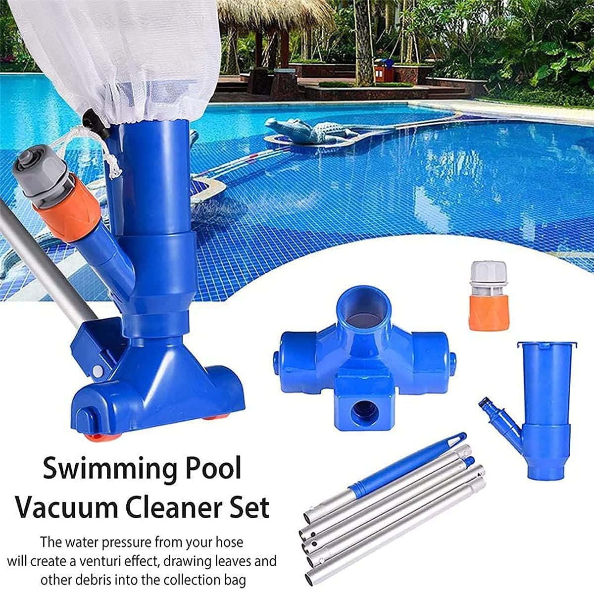 Swimming Pool Cleaning Vacuum Cleaner w//Brush 40 Adjustable 3 Piece Expandable Step-Up Thicken Telescopic Pole with Universal Fit Handle-Attaches to Garden Hose Bag As Show