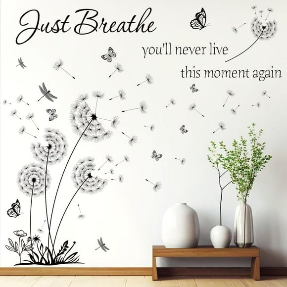 Autocollants Muraux en Vinyle Thème Yoga Citations Positives Juste Respirer Autocollant Papillon Coloré Pissenlit Art Mural Citations Inspirantes Papier Peint Auto-Adhésif pour Décoration Murale Chambre Salon Yoga