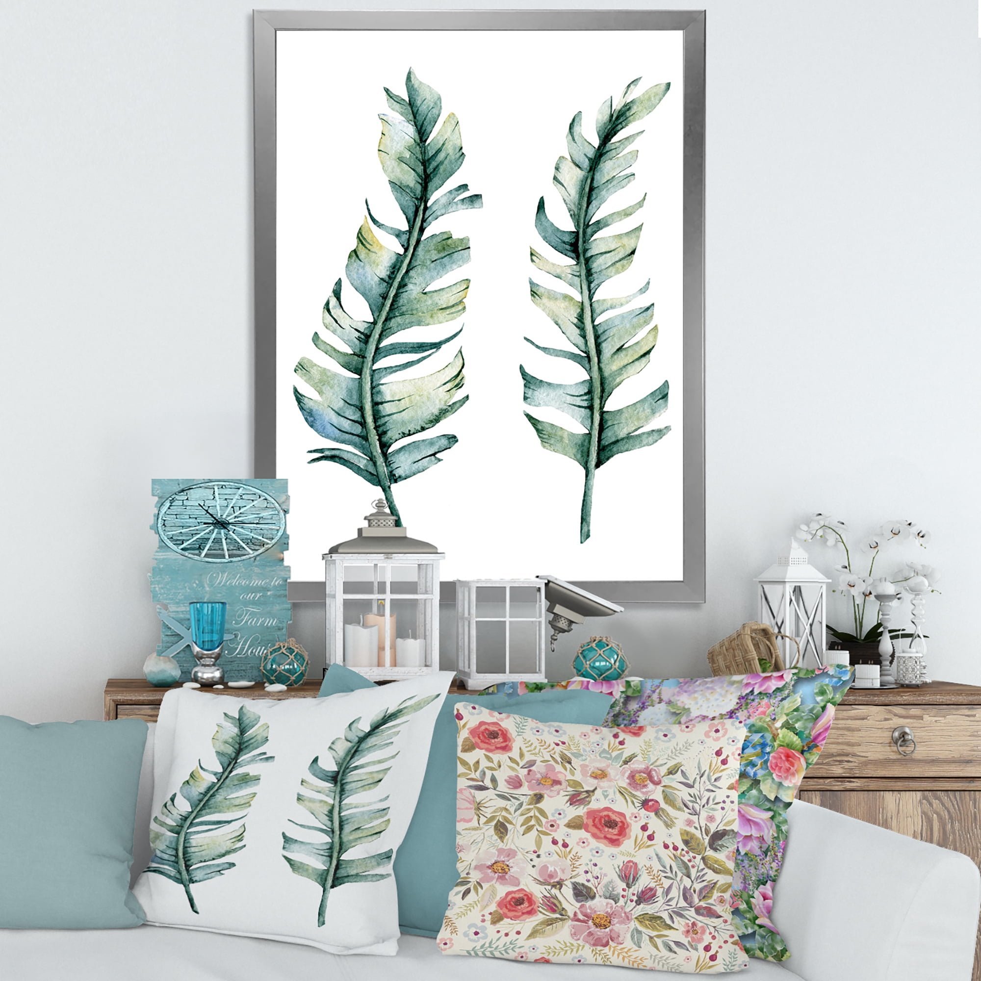 Designart 'Duo of Tropical Leaves On White' Farmhouse Framed Art Print