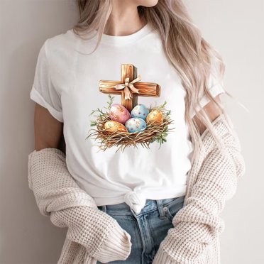 VKOYWKM T-Shirts Joyeuses Pâques pour Femmes, Tee-Shirts Graphiques Ufs Chrétiens Tendance, Manches Courtes d'Été, T-Shirts Décontractés Col Rond, Cadeaux de Pâques