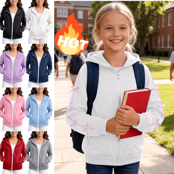 VEKDONE Girls Zip Up Hoodie Long Sleeve Hooded Sweatshirt With Cute Ribbon Bow and Pockets Kids Fall Spring Back to School Active Outerwear