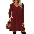 thumbnail image 3 of Women's Dress Long Sleeve V-Neck High Waist Elastic Ribbed Striped with Pocket Midi Dress for Spring Fall Casual,Wine,M, 3 of 7