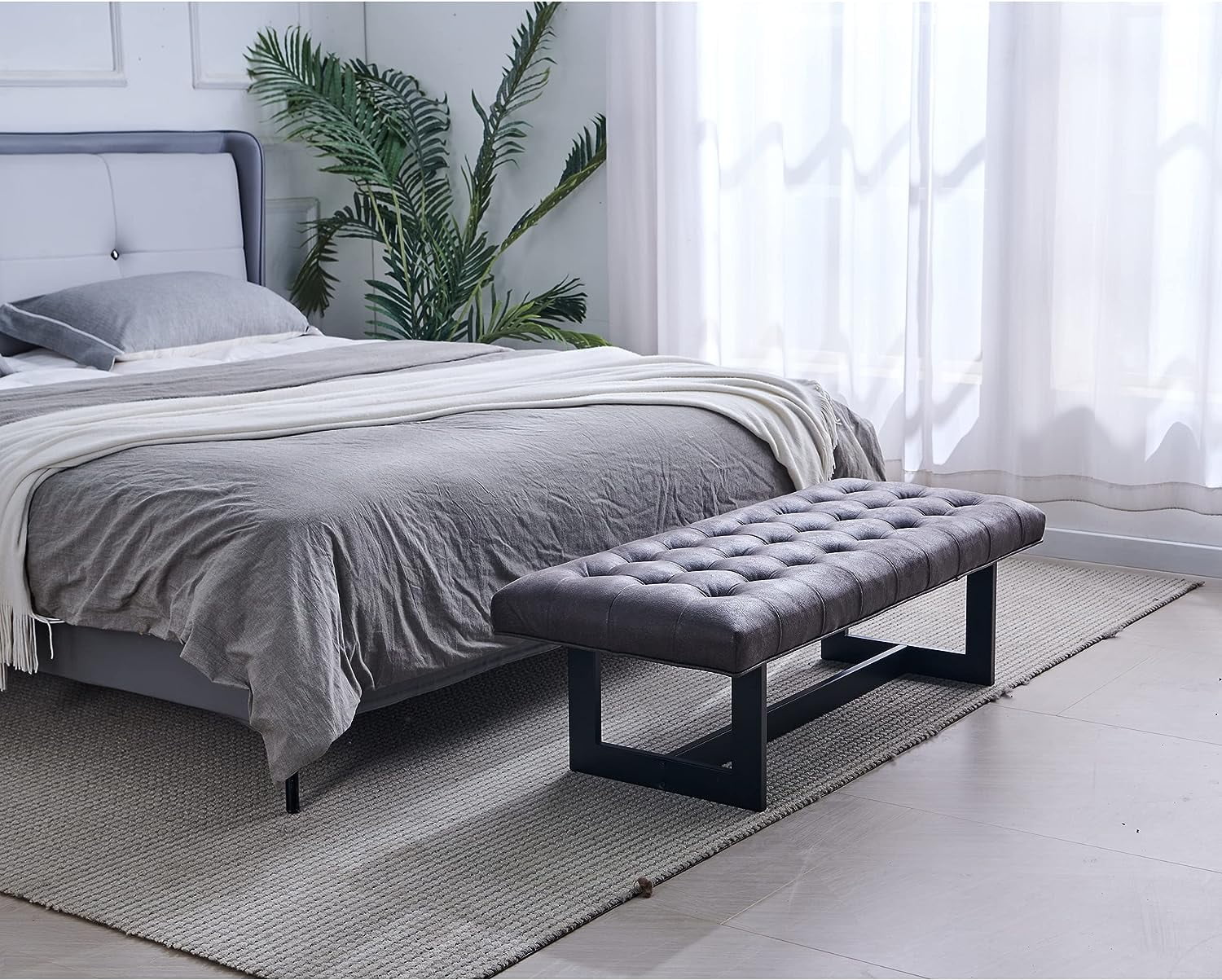 Nathaniel Home 48'' Button-Tufted Kids Ottoman, Upholstered Bedroom Benches, Leather Footrest Stool Accent Bench, for Bedroom End of Bed, Foggy Gray