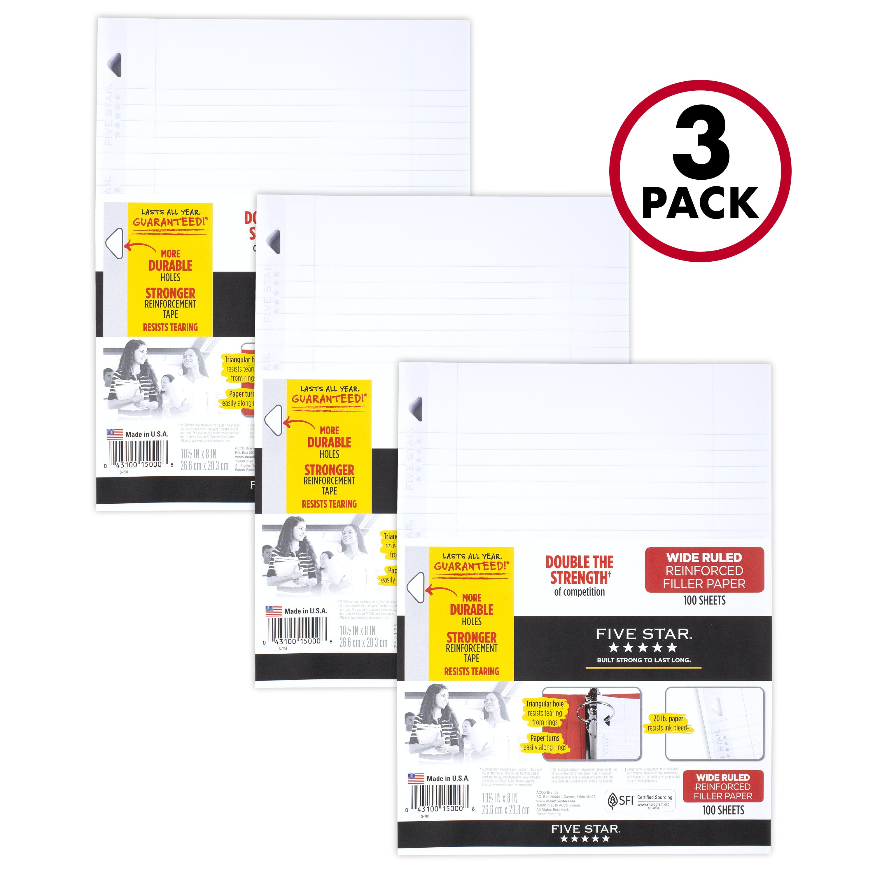 100 Sheets/Pack 10-1/2 x 8 inches 3 Hole Punched Wide Ruled Five Star Loose Leaf Paper Reinforced Filler Paper 3 Pack 38033 
