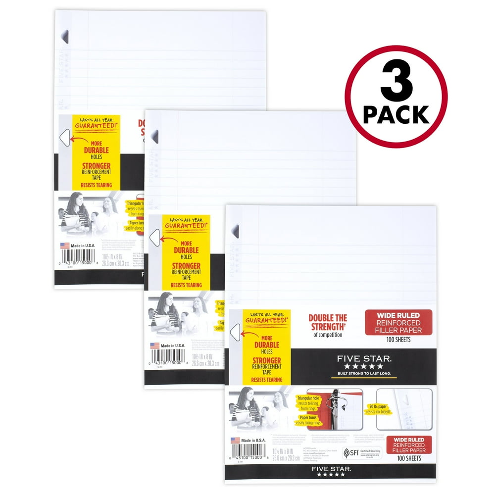 Five Star Reinforced Filler Paper, Wide Ruled, 3 Pack (38033) Walmart