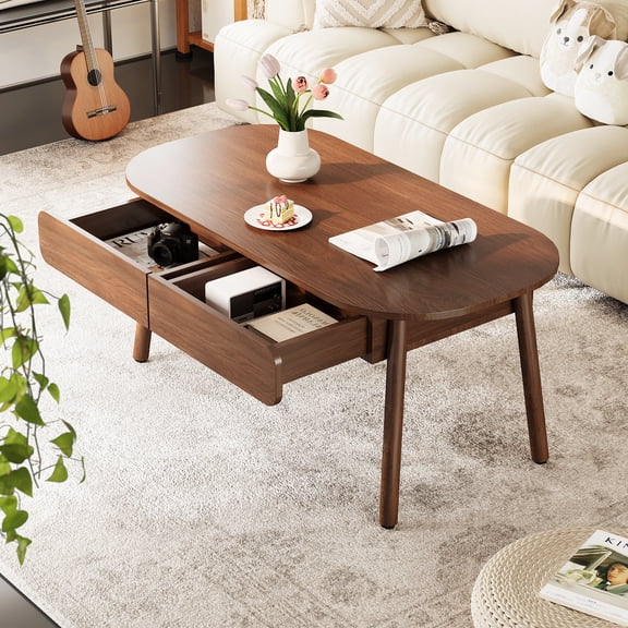 Oval Coffee Table with Drawers - 39.4” Mid Century Modern Coffee Table for Living Room, Simple Tea Tables, Wooden Center Tables with Storage for Small Spaces, Home, Apartments, Walnut