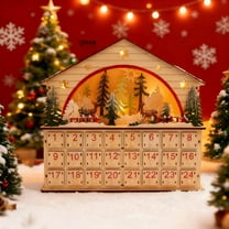 Christmas Advent Calendar with 24 Drawers, Reusable Lighted Wood-Effect Countdown to Christmas Calendar with Village Scene for Holiday Decoration, Battery Operated Forest and Fawn
