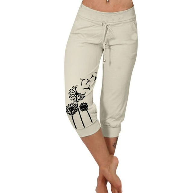 Lroveb Capri Pants for Women Plus Size Womens Drawstring Workout Summer Pants Solid Color Sports Yoga High Waist Draw Rope Pants Mid Long Length Trousers Beige