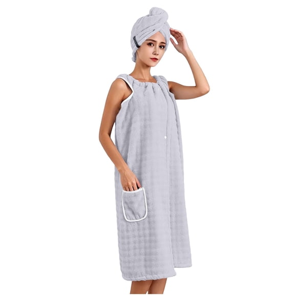 Terry Cloth Robes for Women Wearable Bath Towel Dress Absorbent Sleeveless Wrap with Pocket Hair Drying Cap for Home Spa Shower Wear
