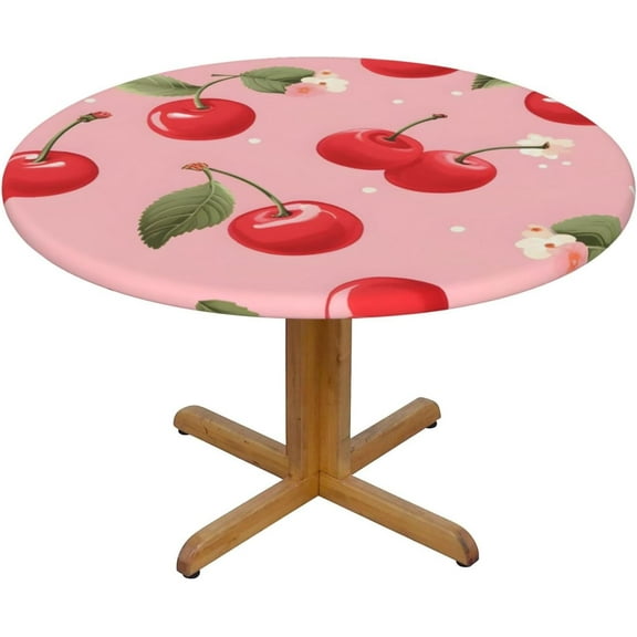 Round Fitted Table Cloth Cherry Elastic Tablecloth for Round Tables, Fruit Flower Floral Waterproof Table Cover Indoor Outdoor Fits 36"-44"