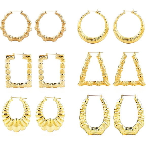 6 Pairs Premium Roomy Bamboo Shaped Hoop Earrings Set Gold Tone Statement Hip-Hop Earrings for Women Jewelry[l607]