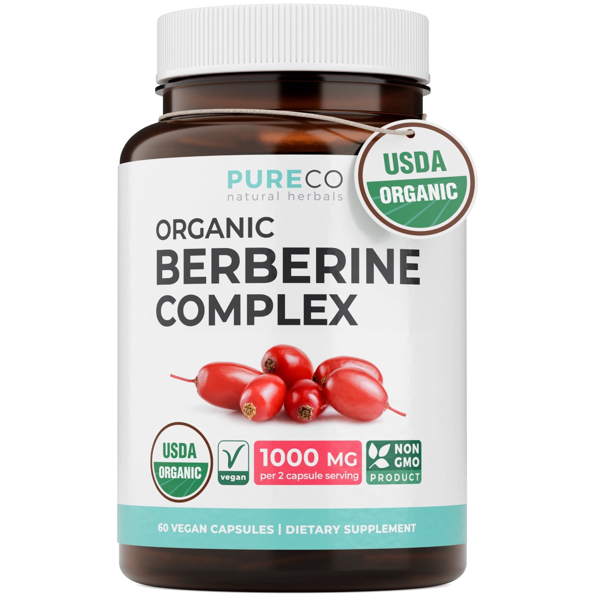 PureCo USDA Organic Berberine Supplement – 1000mg Organic Berberine Complex – 60 Vegan Capsules – Providing 300mg Active Organic Berberine – Non-GMO Metabolic Support – Made in USA
