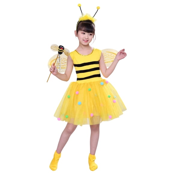 JAJAHO Girls Bee Animals Dress Up Outfits Short Sleeve Tutu Mini Dress With Hat Wings Socks Magic Wand 5PCS Set For Kids 1-10 Years Cozy Outfit