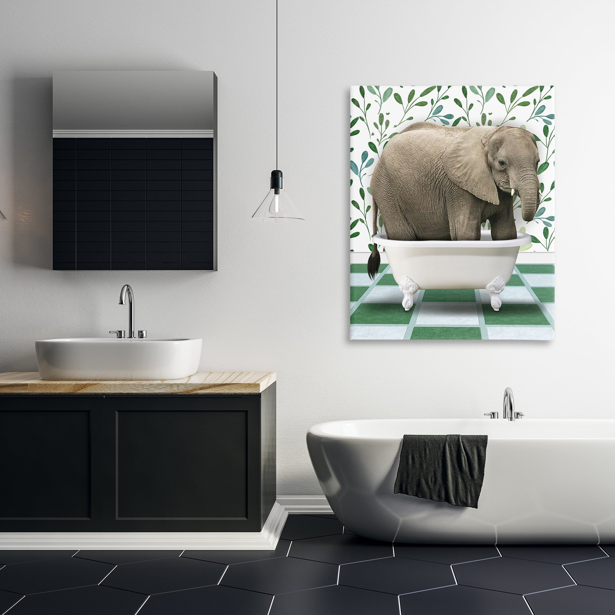 Stupell Industries Bathing Elephant on Green Bath & Laundry Painting Wrapped Canvas Art Print Wall Art, 36 x 48