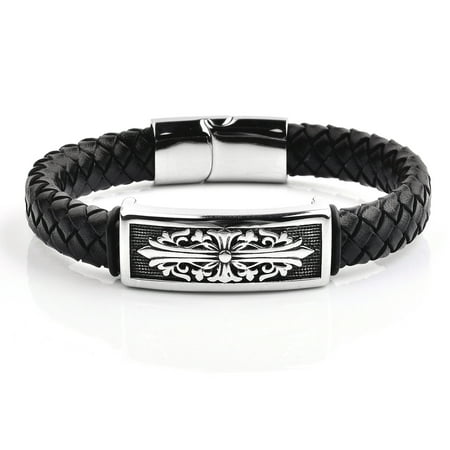 Antiqued Stainless Steel Cross ID Black Braided Leather Bracelet (15.7mm Wide), 8.5