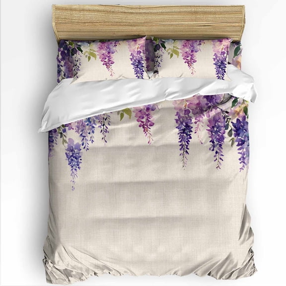 Spring Lavender Queen Size Comforter Set, Watercolor Purple Floral Linen Background Soft Bedding for All Seasons, 4 Pcs Bed Set with 1Comforter (90"x92") ,1 Sheet(94"x116"), 2 Pillowcases (19"x29")