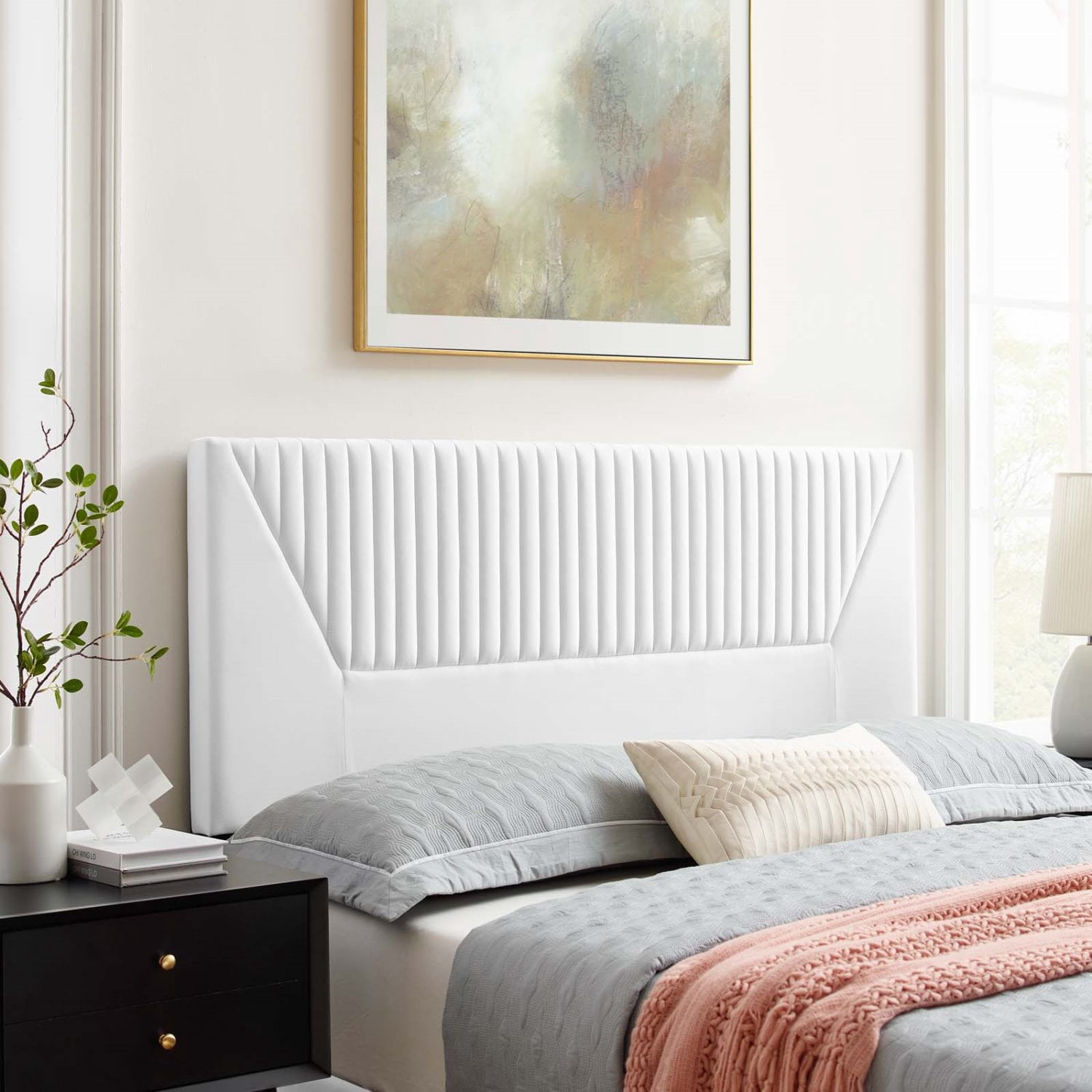 Tufted Headboard, Full Queen Size, White, Velvet, Mid Century Bedroom, Modern Contemporary Boutique HB35261