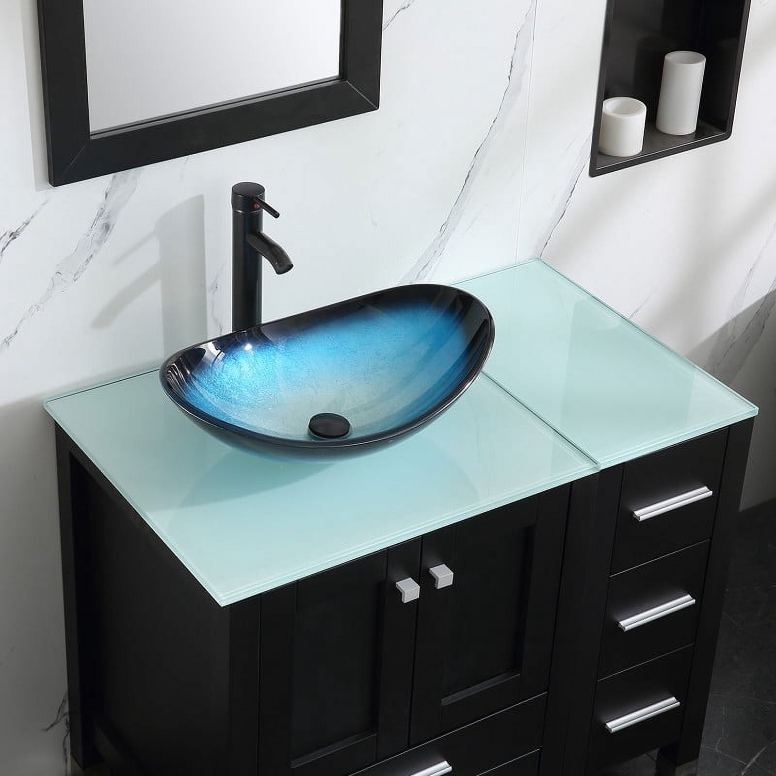 Walsport 36" Luxurious Bathroom Vanity with Blue Tempered Glass Vessel Sink Bowl and Countertop and Mirror and Faucet,Stand Floor Cabinet Bathroom Storage Vanity with Pop Up Drain,Black
