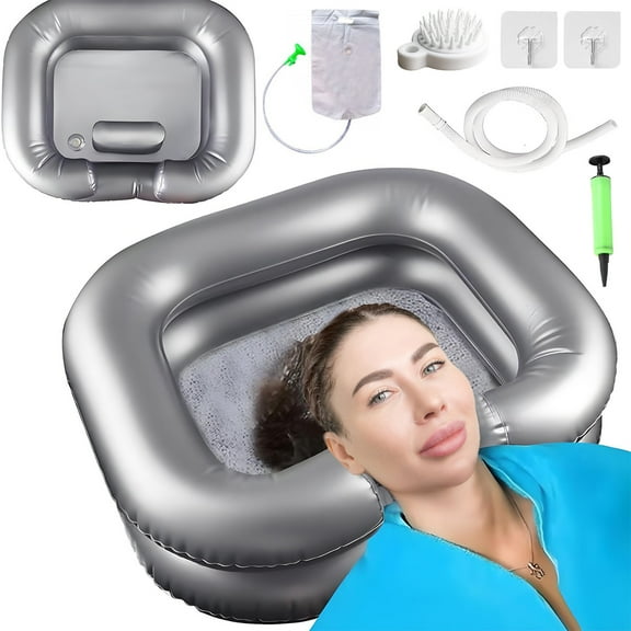 GIRACOA Inflatable Shampoo Basin with Built-in Pillow, Portable Hair Washing Bowl Kit Includes Shower Bag, Hand Pump, Drain Hose & Accessories for Home Bed Care, Gray