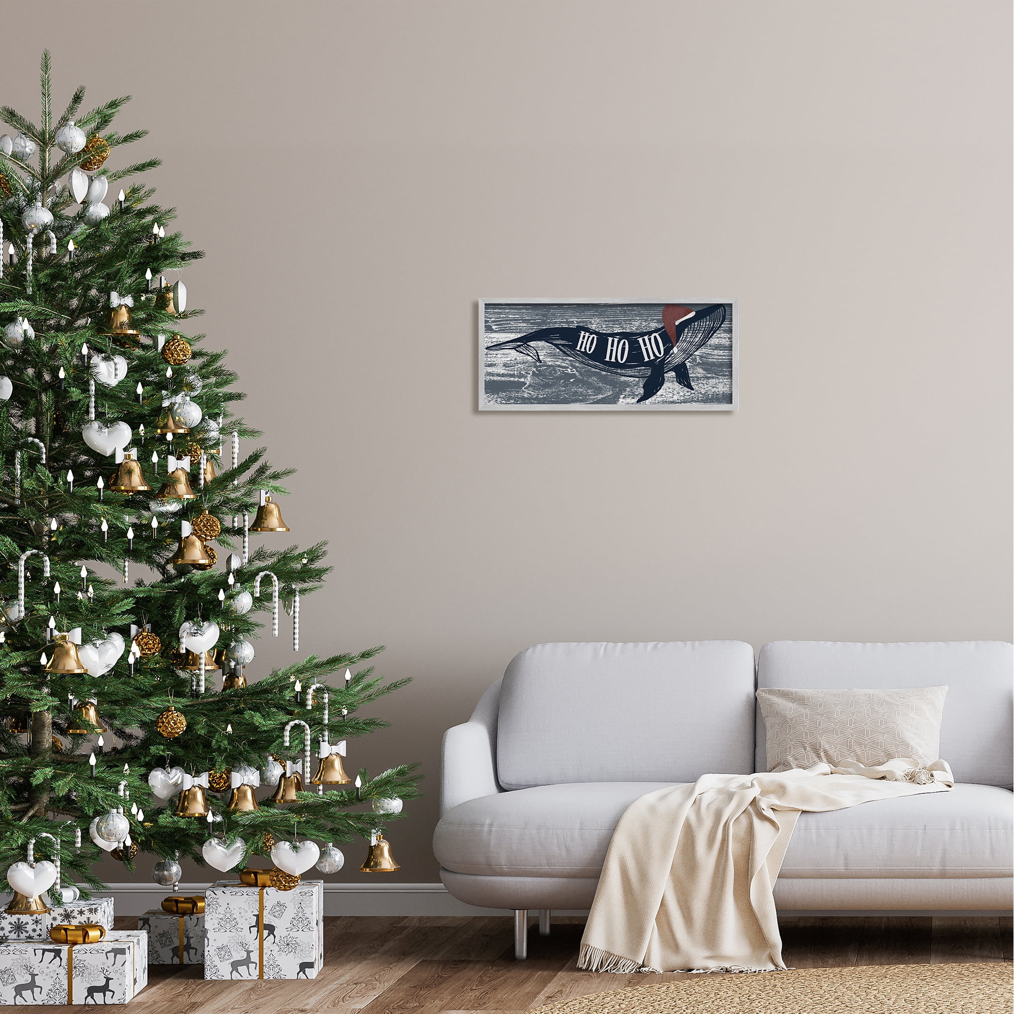 Stupell Industries Ho Ho Ho Christmas Santa Whale Holiday Painting Gray Framed Art Print Wall Art