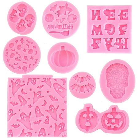 

Mini Halloween Fondant Molds 9-Piece Pink Polymer Clay Molds Non-stick Silicone Molds for Cake Decorating - Skull Pumpkin Spider Ghost Bat Witch