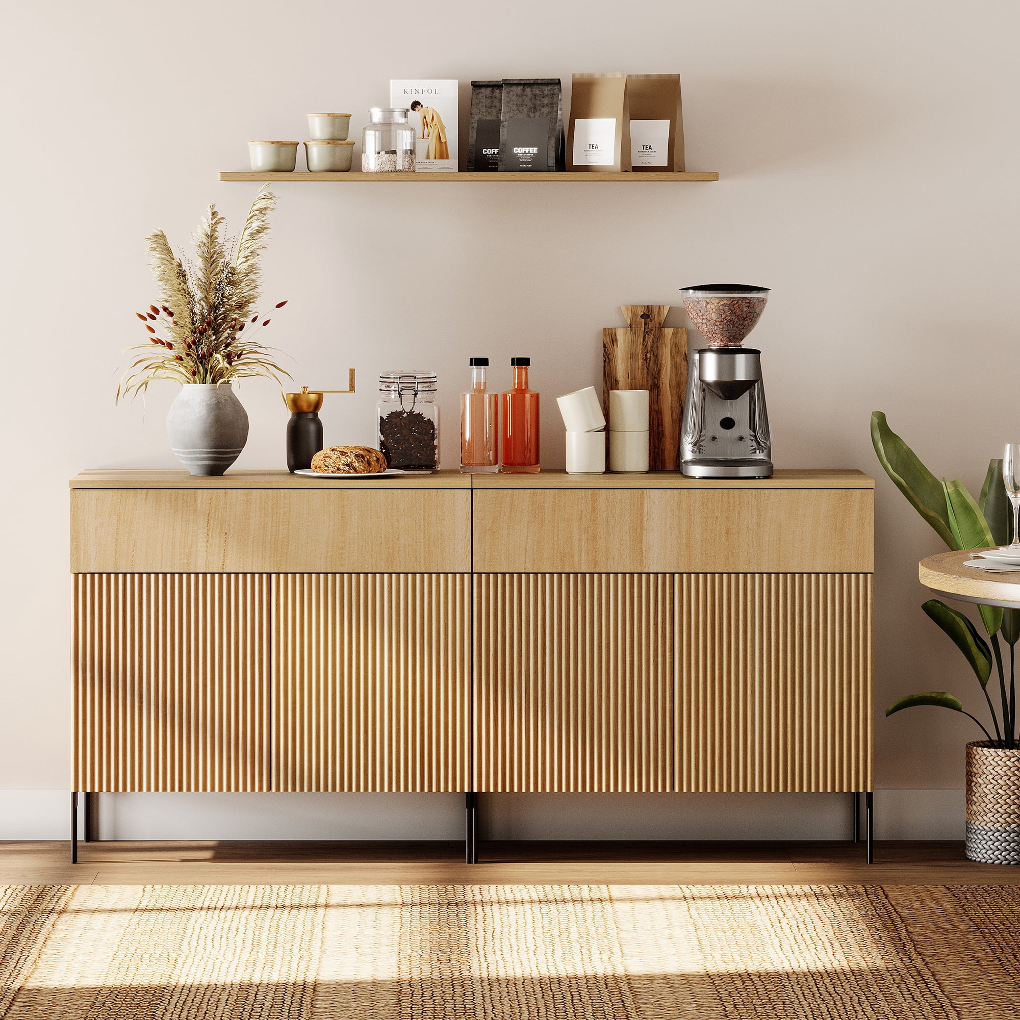 63" Wooden Reeded Sideboard with Doors and Drawers, 2-In-1 Modern Credenza Storage Cabinet for Kitchen, Dining Room
