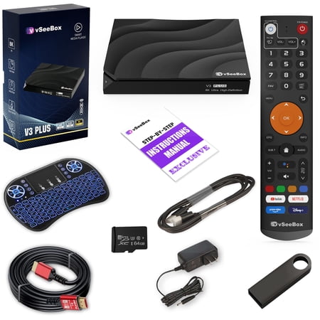 2025 New vSeeBox V3 Plus Premium Model with Built-in Voice Control System | Includes Backlit Mini Keyboard, 8K HDMI Cable, 64GB USB Drive, 64GB SD Card | Android 11 | 4GB RAM | 64GB Storage