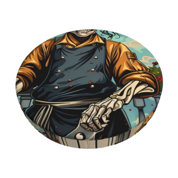 Disketp Skeleton Chef BBQ Scene Funda Redonda para Taburete, Funda de Cojín para Silla de Bar Suave y Elástica-14 inch