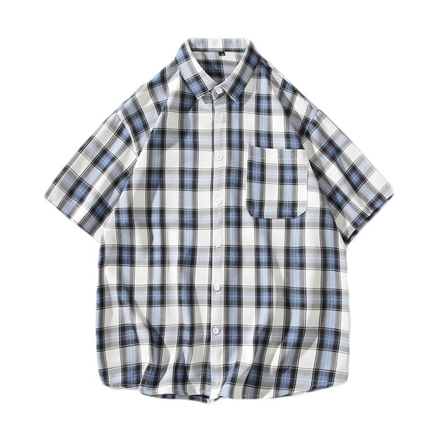 Mens Manga Corta Botón Abajo Camisas Cuadrado Gira-Abajo Cuello Casual Blusa, Camisas de Hombre Casual