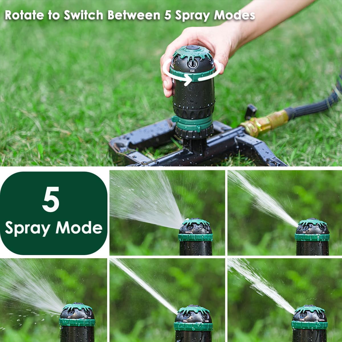 FANHAO Heavy Duty Gear Drive Lawn Sprinkler, Metal Base, 5 Patterns & 360° Rotation, for Large Yard, Flower Beds, Garden