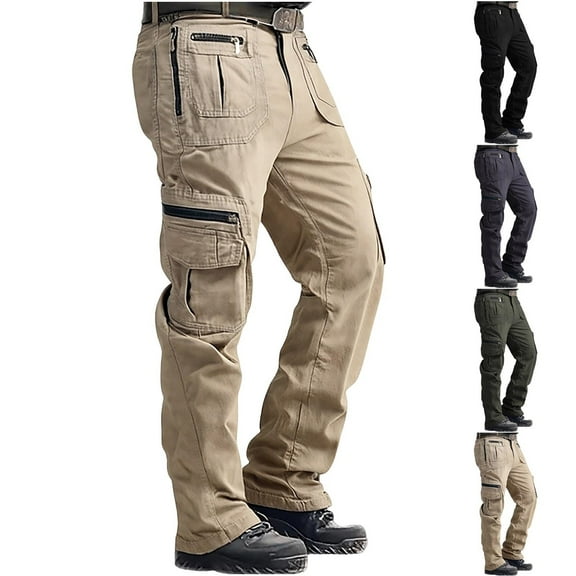 RYDCOT Men's Hiking Tactical Pants Lightweight Cotton Outdoor Cargo Trousers with Zip Pockets Khaki
