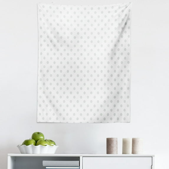Grey Tapestry, Small Polka Dots on White Backdrop Retro Style Spotted Traditional Pastel Pattern, Fabric Wall Hanging Decor for Bedroom Living Room Dorm, 5 Sizes, Pale Grey White, by Ambesonne