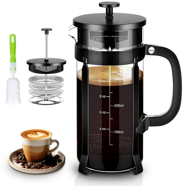 YMMIND Cafetera de prensa francesa Prensa de café de acero inoxidable 304 de 12 oz, con sistema de 4 filtros, vidrio de prensa francesa de borosilicato de espesor resistente al calor, émbolo de café d