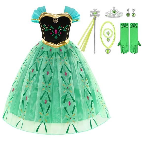 Girls Green Princess Dress Anna Costume Halloween Birthday Cosplay Party